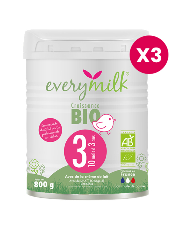 Lait infantile Bio everymilk 3 croissance de 10 mois à 3 ans - lot de 3 boîtes