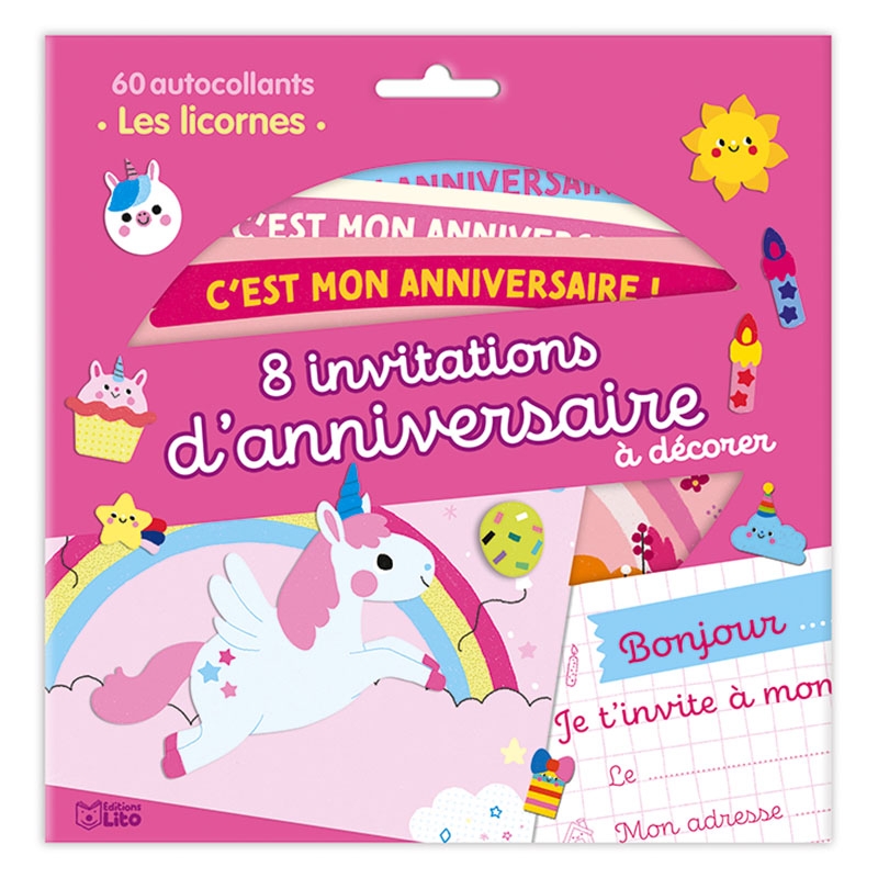 Carte d'invitation d'anniversaire thème des licornes
